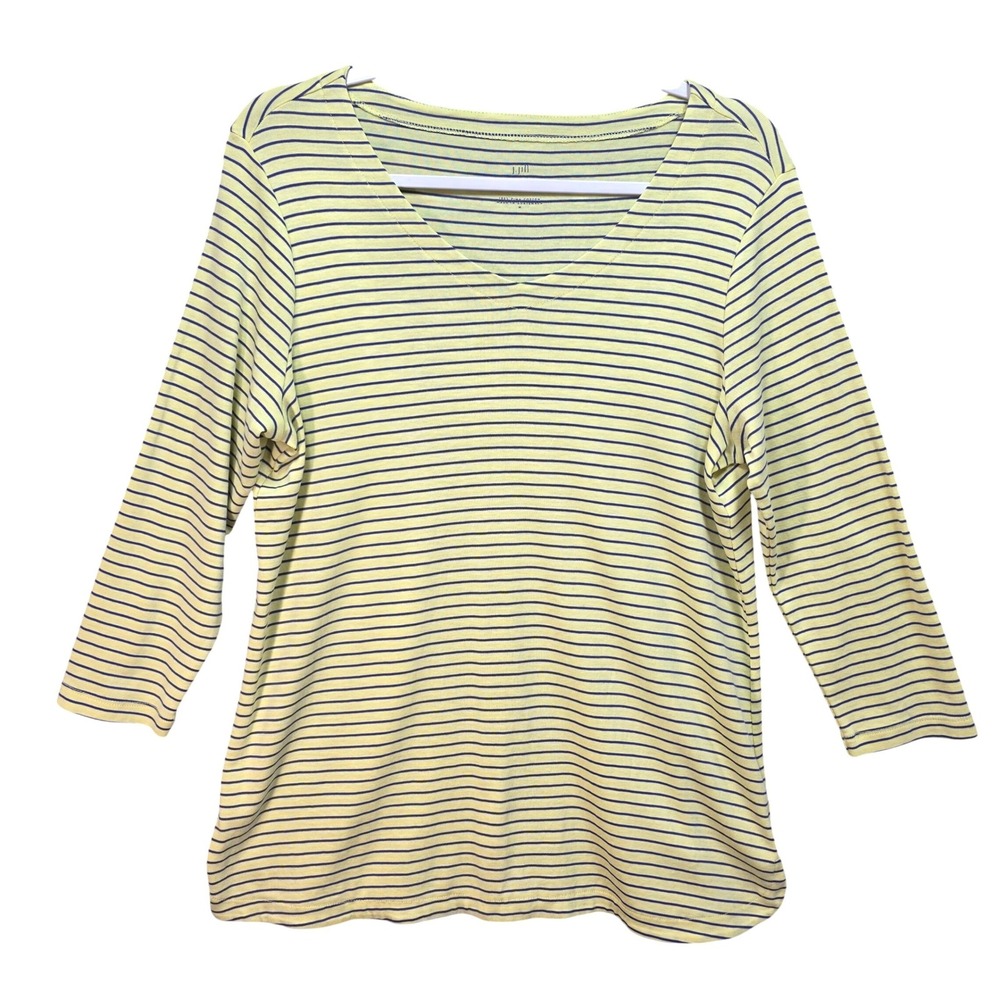 J Jill Striped Shirt Womens M Yellow Navy Pima Cotton Top Coastal Striped Vneck - Picture 1 of 9